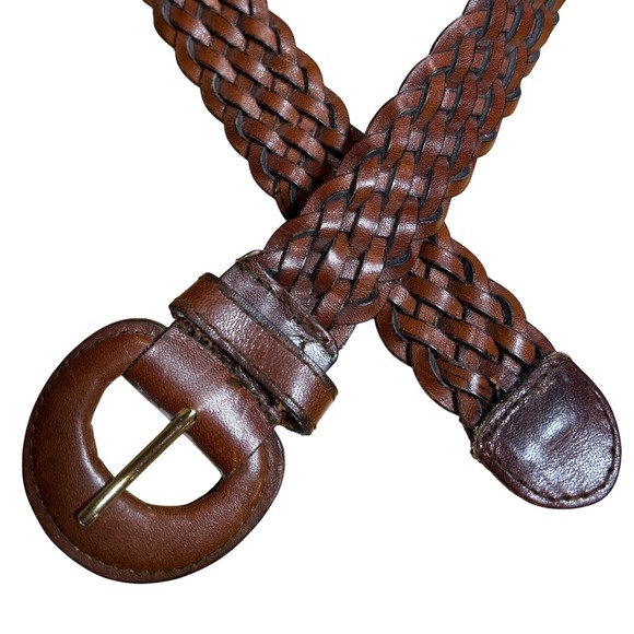 Accessories - Covered Round Buckle Braided Leather Belt Cognac Brown Size L (up to 36")